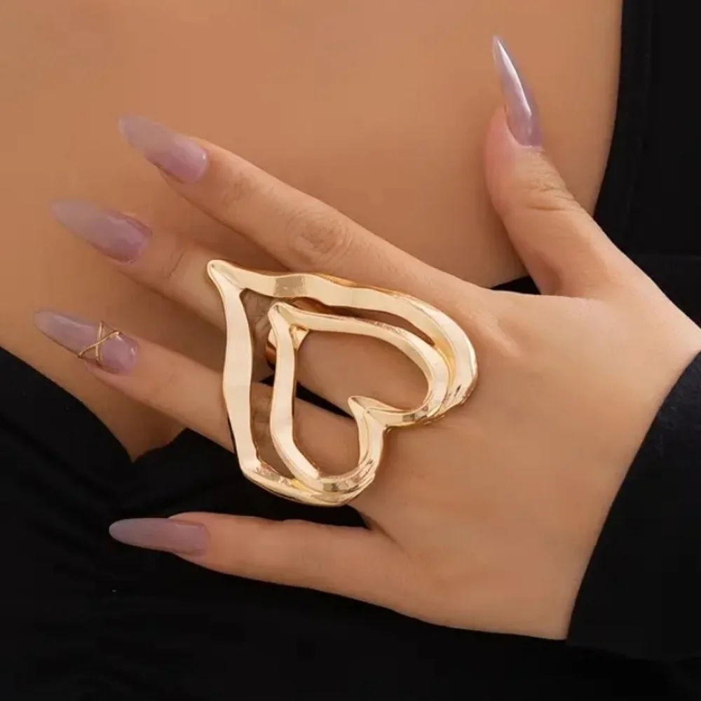 Oversized Adjustable Double Heart Shaped Goldtone Statement Ring